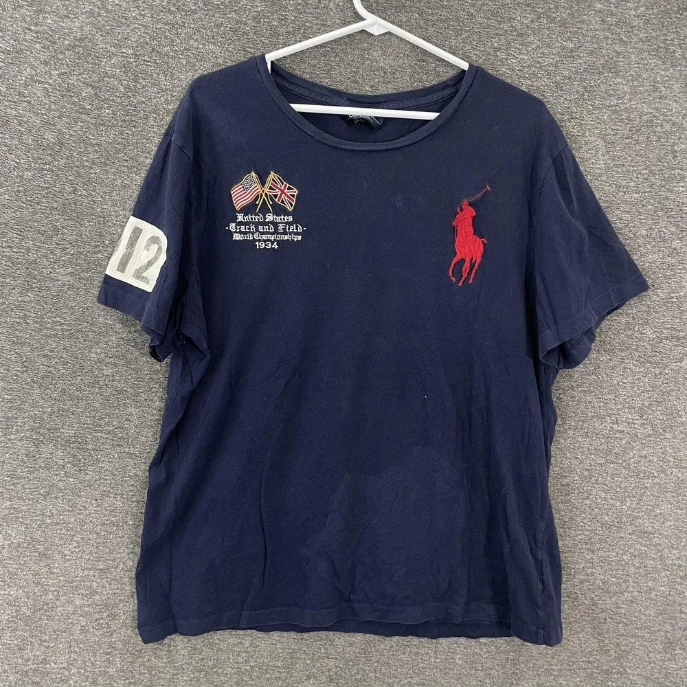 Polo Ralph Lauren Shirt Mens XL Blue USA 012 Track Flag Graphic T-Shirt Tee 1934